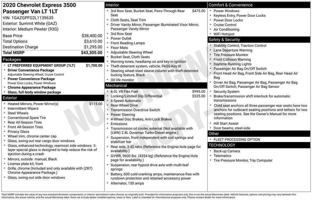 2020 Chevrolet Express Passenger 3500 1LT